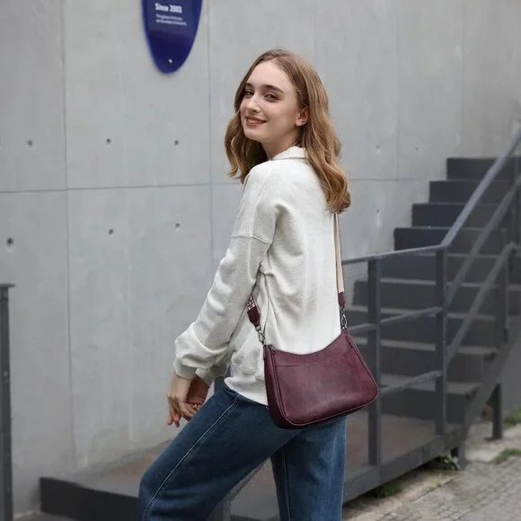 Women's Grape Imported Leather Crossbody With Adjustable Strap Shoulder Handbag - Picture 2 of 6